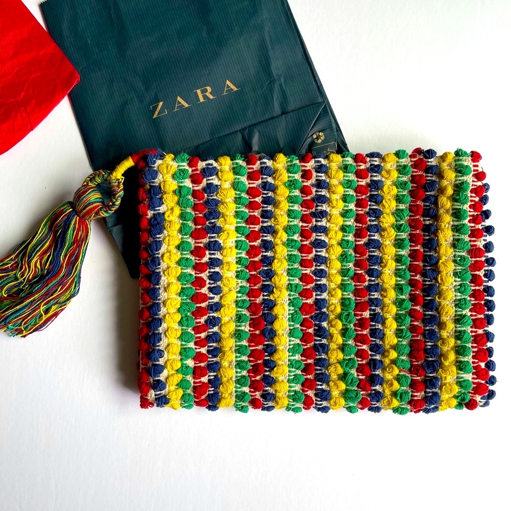 Zara fabric woven primary color clutch w/ tassels